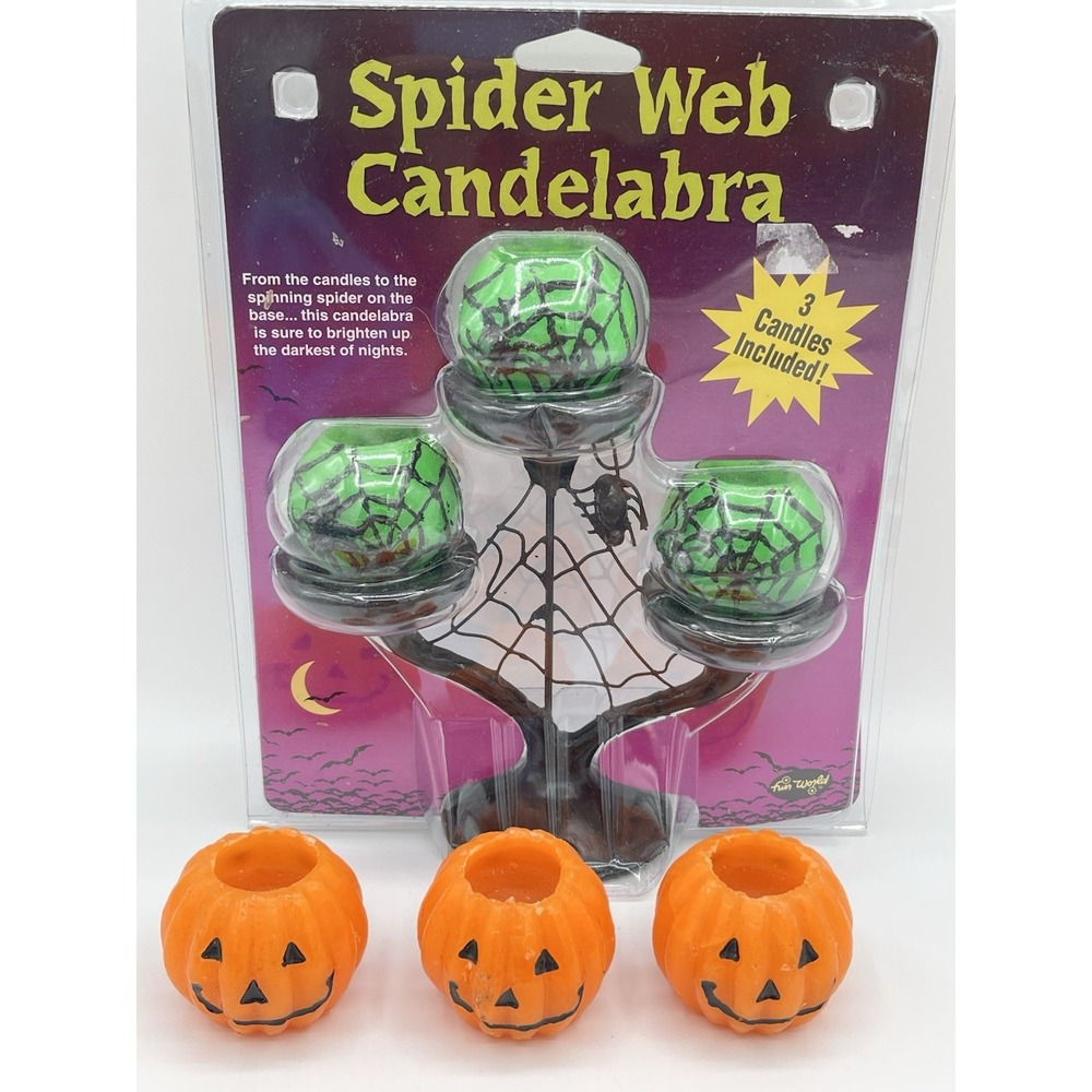 Vintage Halloween Spider Web Candelabra Pumpkin Candles Gothic Candle Holder Set